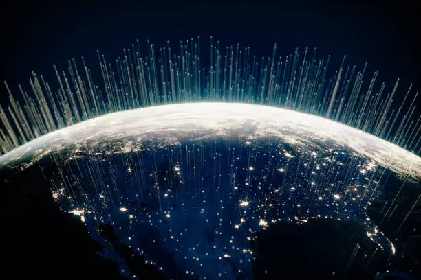 Communication lines from North America and United States viewed from space.
Concept for 5g LTE mobile web, global Wi-fi connection, Internet of Things (IoT) technology or blockchain fintech.
(World Map Courtesy of NASA: https://visibleearth.nasa.gov/view.php?id=55167))