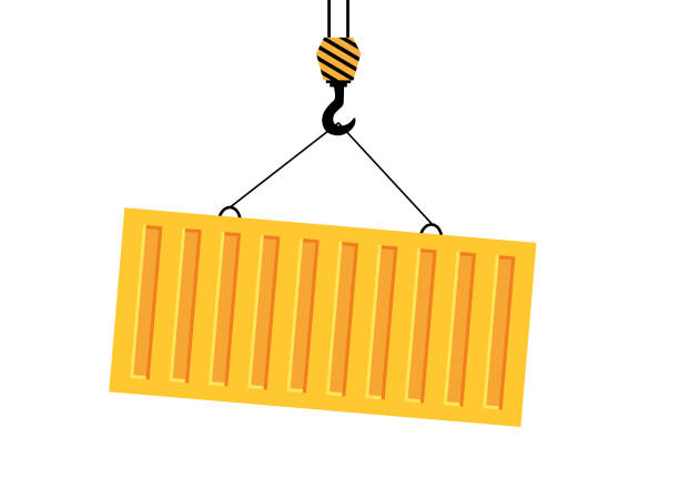 ilustrações de stock, clip art, desenhos animados e ícones de bright yellow cargo in container lifts on winch. unloading or loading cargo. - pulley hook crane construction
