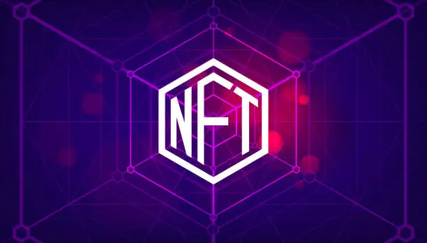 Vector illustration of NFT symbol non fungible token on purple background. Pay for unique collectibles in games or art. Simple futuristic modern geometric connection line background.