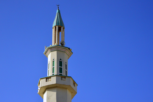 Hargeisa, Somaliland, Somalia: minaret of the Nuur al Huda Mosque and blue sky, downtown district