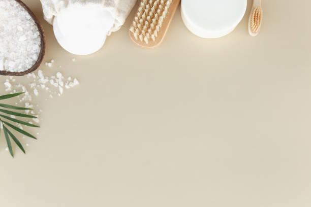 istock Bath accessories flat lay on beige background. Natural body care concept 1316427339
