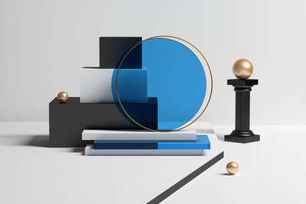 Geometric composition with stack of low poly shapes, glass circle and pillar with shiny sphere stock photo
