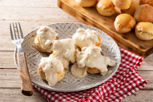 istock Traditional American biscuits and gravy for breakfast 1316429253