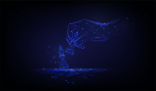 hand holding chess pawn in the form of a starry sky or space,Polygonal wireframe business strategy