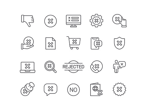 Reject, approval, agreement, tick, stamp, icon, icon set, thumbs down, check mark, editable stroke, outline