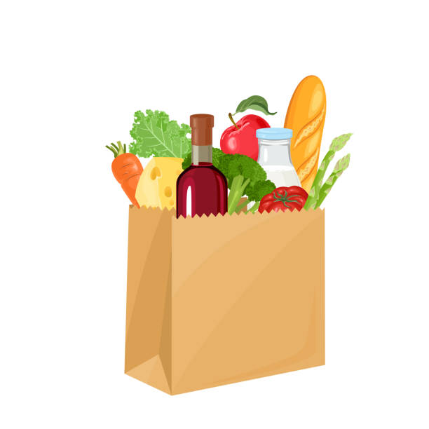 ilustrações de stock, clip art, desenhos animados e ícones de paper bag with food. grocery products. fresh vegetables and fruits,  bottle of milk, wine, french baguette and piece of cheese. vector illustration, icon in cartoon flat style. - salad food and drink food lettuce