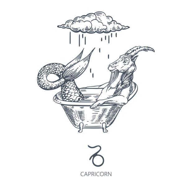 illustrations, cliparts, dessins animés et icônes de signe de zodiaque de capricorne. capricorne est assis dans le bain. nuages et pluie. - calendrier de lavent