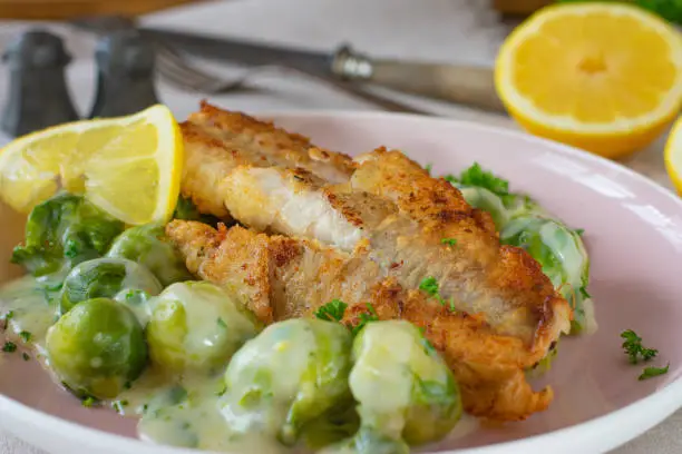 homemade fresh cooked fish dish with fried redfish fillet served with brussel sprouts and bechamel sauce on a plate on kitchen table background.