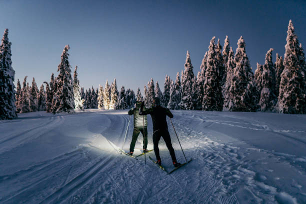istock Rear view of two people skiing at night 1316441700