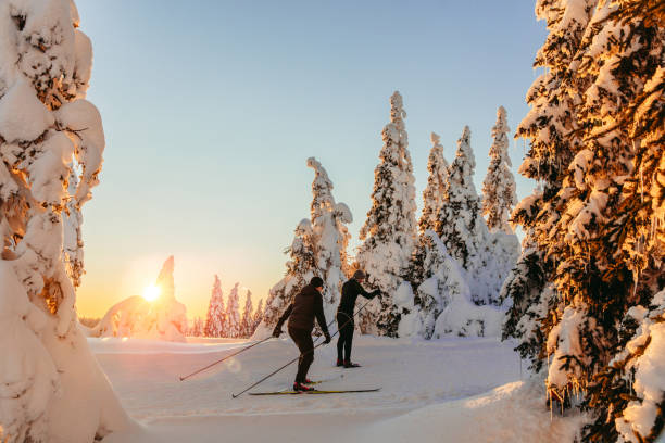 istock Two people skiing in snow during sunset 1316441994