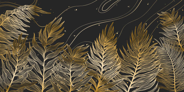 istock Horizontal background with exotics golden palms leaves. Hand drawn luxury golden tropical leaf on dark background. Vector linear illustration of palm leaves. 1316444334