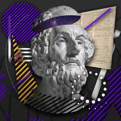 art collage with plaster head statue isolated on bright multicolored geometric background. Copy space for ad, text. Modern design. Line art. Surrealism. Modern unusual art. Neon colors, purple