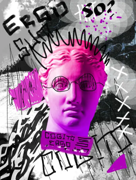 Surrealism. Modern conceptual artwork with ancient statue head isolated over colored background. Grey, bright pink. Collage of contemporary art. Fashion design.