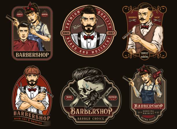 ilustrações, clipart, desenhos animados e ícones de conjunto de rótulos coloridos de barbearia vintage - barbeiro salão de cabeleireiro