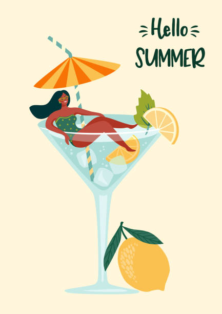 ilustrações de stock, clip art, desenhos animados e ícones de vector illustration of woman in swimsuit in a glass with a cocktail. summer holliday, vacation, travel. - drink umbrella illustrations