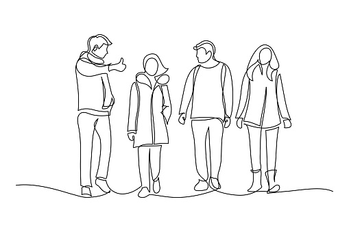 Young people walking together and talking. Group of friends rest and communicate. Continuous line art drawing style. Black linear sketch isolated on white background. Vector illustration