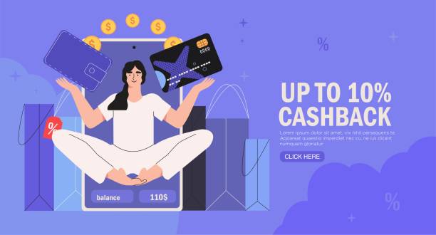 ilustrações de stock, clip art, desenhos animados e ícones de online payment or money refund program vector illustration concept. woman get cashback for purchase in shop or store. online banking. save money or shopping through mobile app. e-comerce web banner. - comerce