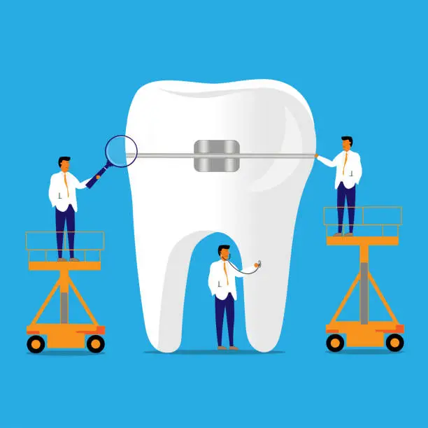 Vector illustration of Examining teeth with braces