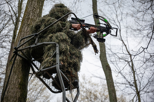 A man in a camouflage suit is sitting up in a tree stand. He is holding a crossbow waiting for wild game to emerge in the woods.