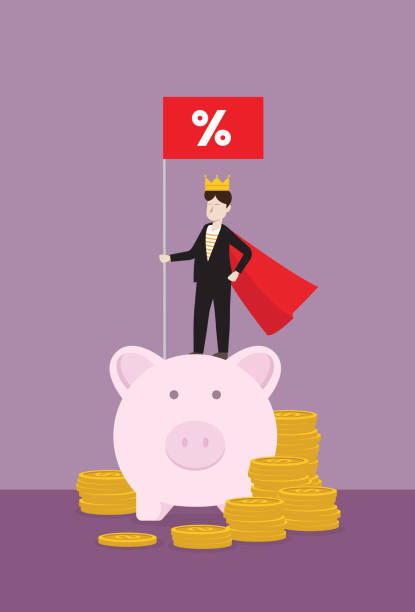 Businessman wears a crown with red cape hold a percentage sign flag stands on a piggy bank Investment, Cash flow, Financial, Wealth, Banking, Passive Income, Accountancy financial advisor percentage sign business finance stock illustrations