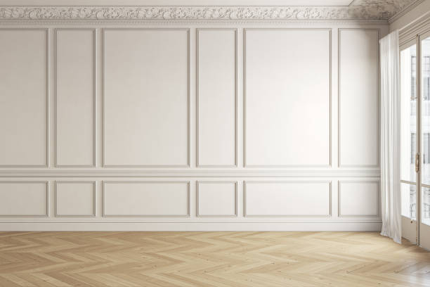 Beige-white classic empty interior with blank wall and moldings. 3d render illustration mock up. Beige-white classic empty interior with blank wall and moldings. 3d render illustration mock up. shaping room stock pictures, royalty-free photos & images