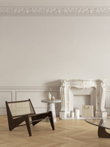 istock Beige-white classic interior with fireplace, lounge chair and decor. 3d render illustration mock up. 1316453280