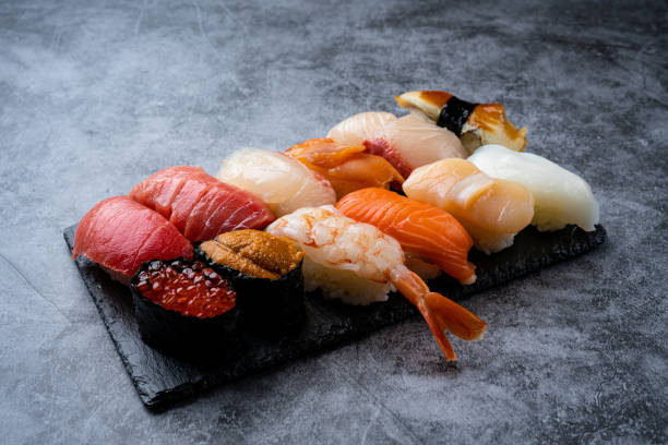 assorted nigiri sushi - sushi sashimi nigiri salmon imagens e fotografias de stock