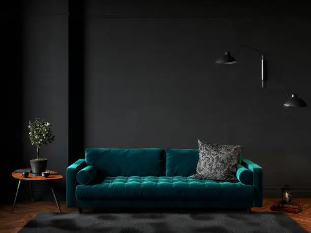 Photo of Black room interior with green velour sofa, wood floor, carpet and decor. 3d render illustration mock up.