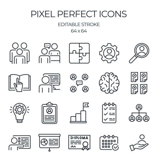 bildbanksillustrationer, clip art samt tecknat material och ikoner med praktik, utbildning och studier koncept redigerbara linje disposition ikoner uppsättning isolerade på vit bakgrund platt vektor illustration. pixel perfekt. 64 x 64. - delta i