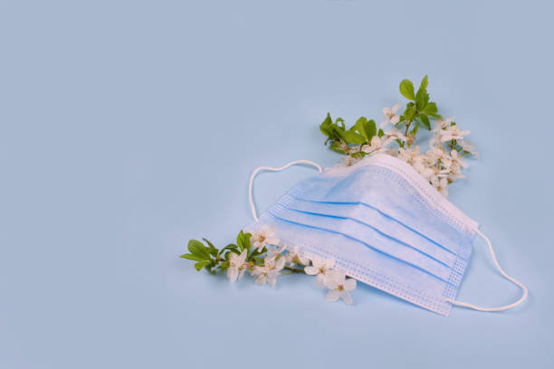 istock Creative composition with medical protective face mask and cherry blossom branch on pastel blue background with copy space for text. Seasonal spring allergy concept. Selective focus 1316458271