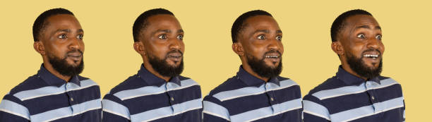 istock Evolution of emotions, African man's portrait isolated on yellow studio background 1316458491