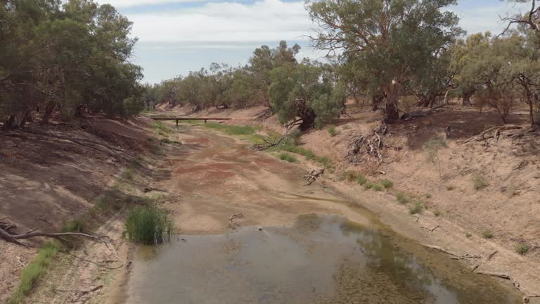 Dry Australian River in Drought Conditions due to global warming and climate change. Aerial Drone View of Dry river bed (Darling River, New South Wales)