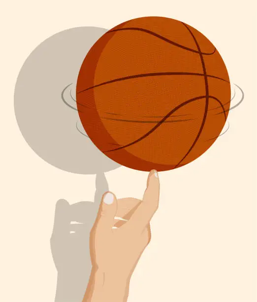 Vector illustration of man hand of athlete spins basketball ball on index finger. Team sports. Tricks. Active lifestyle. Cartoon vector