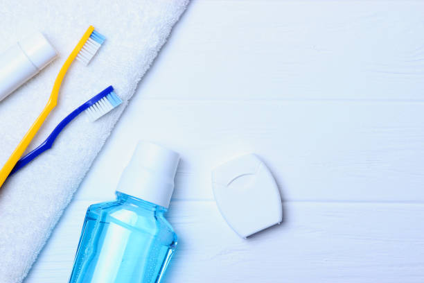 istock Flat composition for oral care and place for text on a light background. 1316460171