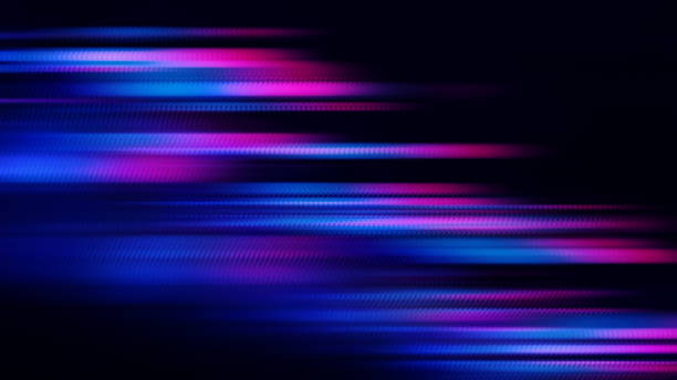 led light speed abstract background technology motion neon stripe colorful pattern blurred prism blue purple pink lines bright futuristic fluorescent texture black backdrop distorted macro photography - traccia di luce foto e immagini stock