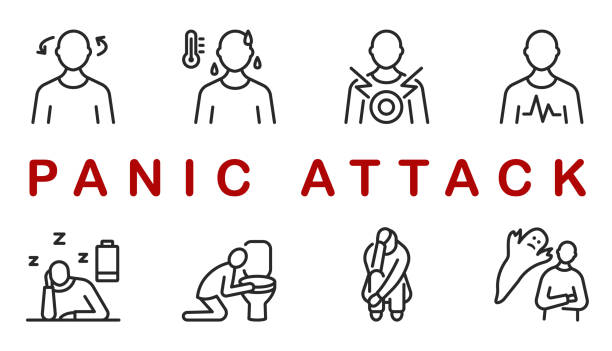 Panic attack symptoms rectangular banner with flat line icon. Vector illustration psychological illness characterized by dizziness, vomiting, heart palpitations, fear of death. Editable strokes Panic attack symptoms rectangular banner with flat line icon. Vector illustration psychological illness characterized by dizziness, vomiting, heart palpitations, fear of death. Editable strokes. faint stock illustrations