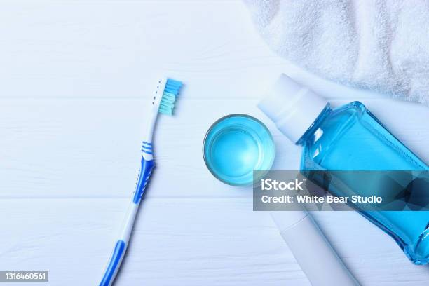 Flat Composition For Oral Care And Place For Text On A Light Background Stock Photo - Download Image Now