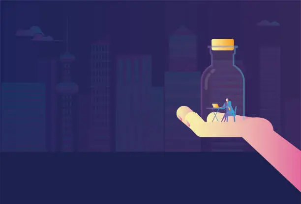 Vector illustration of Giant holds up a business man in a bottle by hand
