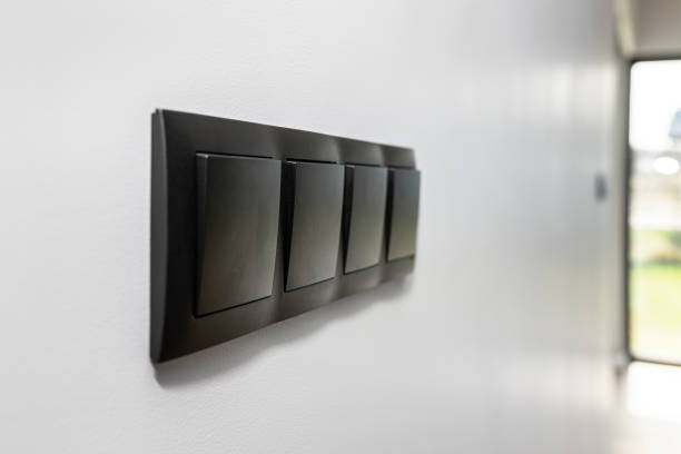 istock Black frame with a four-button light switch on the gray wall of the house. 1316461841