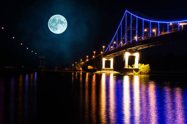 Bridge over river. Full moon over the Dnieper. Bridge over the Dnieper river in Kiev. Full moon over the Dnieper. dnieper river stock pictures, royalty-free photos & images