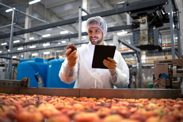istock Technologist doing quality control of apple fruit production in food processing plant. 1316463663
