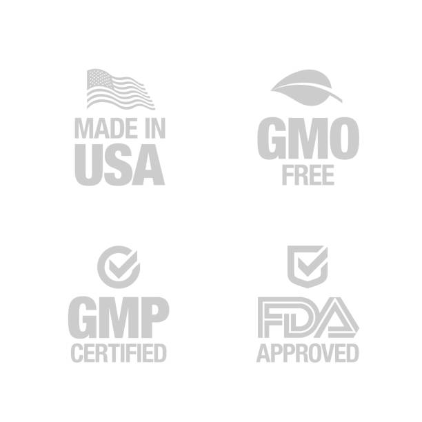 vier produktabzeichen, hergestellt in usa, gvo-frei, gute herstellungspraxis, zugelassen - food and drug administration stock-grafiken, -clipart, -cartoons und -symbole