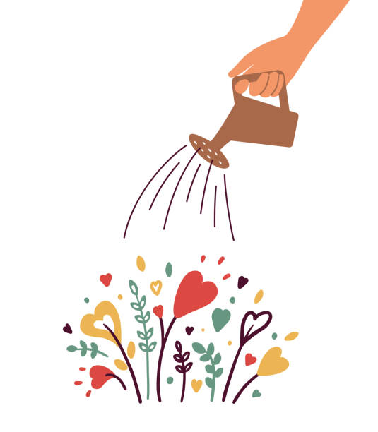 Growing love vector illustration with human hand with watering can irrigates heart shapes flowers Growing love, health care, wellbeing or wellness. Human hand with watering can irrigates blossom heart shapes flowers. Cultivating love. Charity, volunteer work, therapy. Abstract vector illustration cultivated illustrations stock illustrations