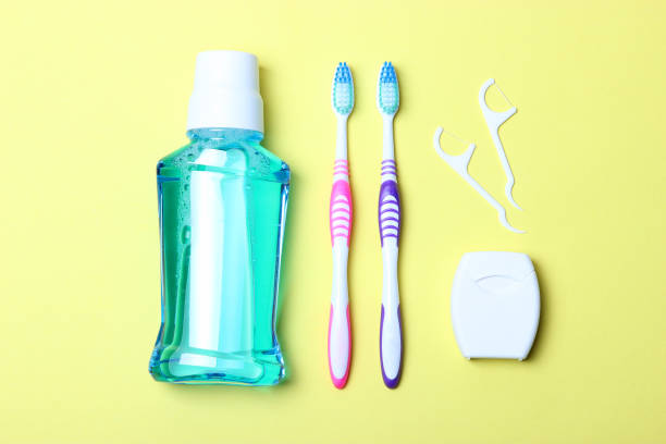 istock Flat composition for oral care and place for text on a light background. 1316464397