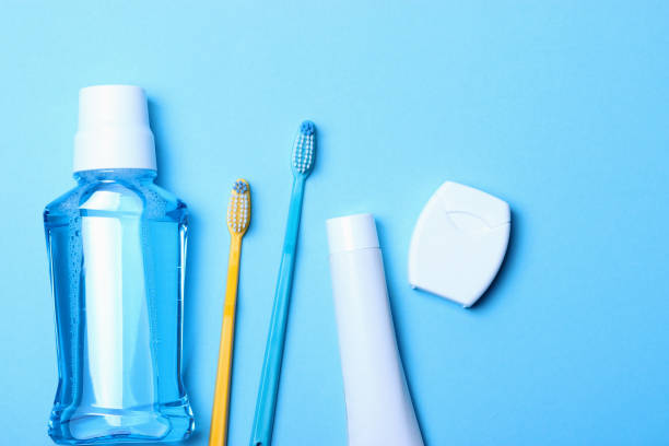 istock Flat composition for oral care and place for text on a light background. 1316465142