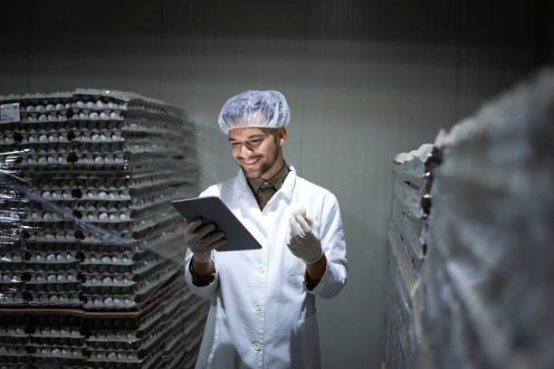 istock Factory worker with hairnet and hygienic gloves holding tablet computer and checking inventory in food cold storage. 1316465182