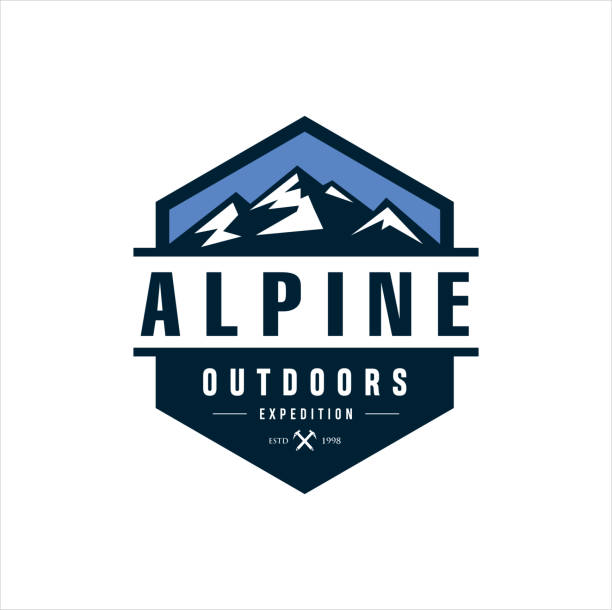 alpine mountain adventure outdoor design ilustracja wektorowa, turystyka piesza, kemping, wyprawa i przygoda na świeżym powietrzu. eksplorowanie emblematu banera w stylu ikony natury - badge stock illustrations