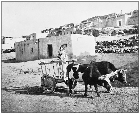 Antique black and white photograph of American landmarks: Pueblo Laguna, New Mexico