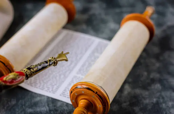Reading a Torah scroll during a bar mitzvah ceremony with a traditional yad pointing towards the text on the parchment.