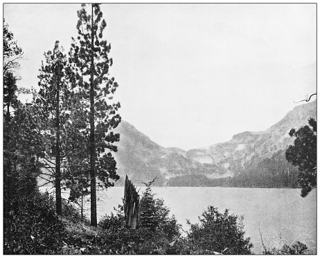 Antique black and white photograph of American landmarks: Emerald Bay, Lake Tahoe